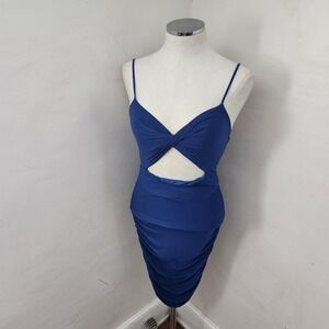 21 Saints Royal Blue Ruched Bodycon Midi Dress Cutout Spaghetti Strap